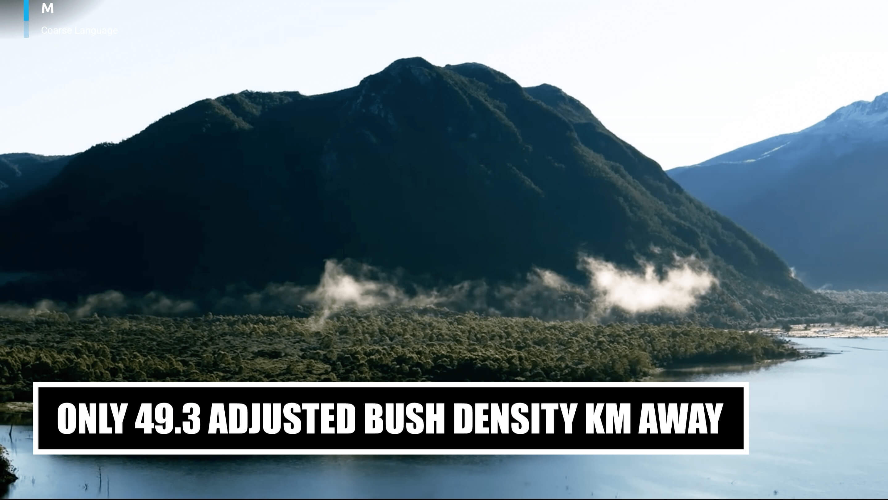 Meme showing 49.3km distance labelled as 'Adjusted Bush Density Kilometres'