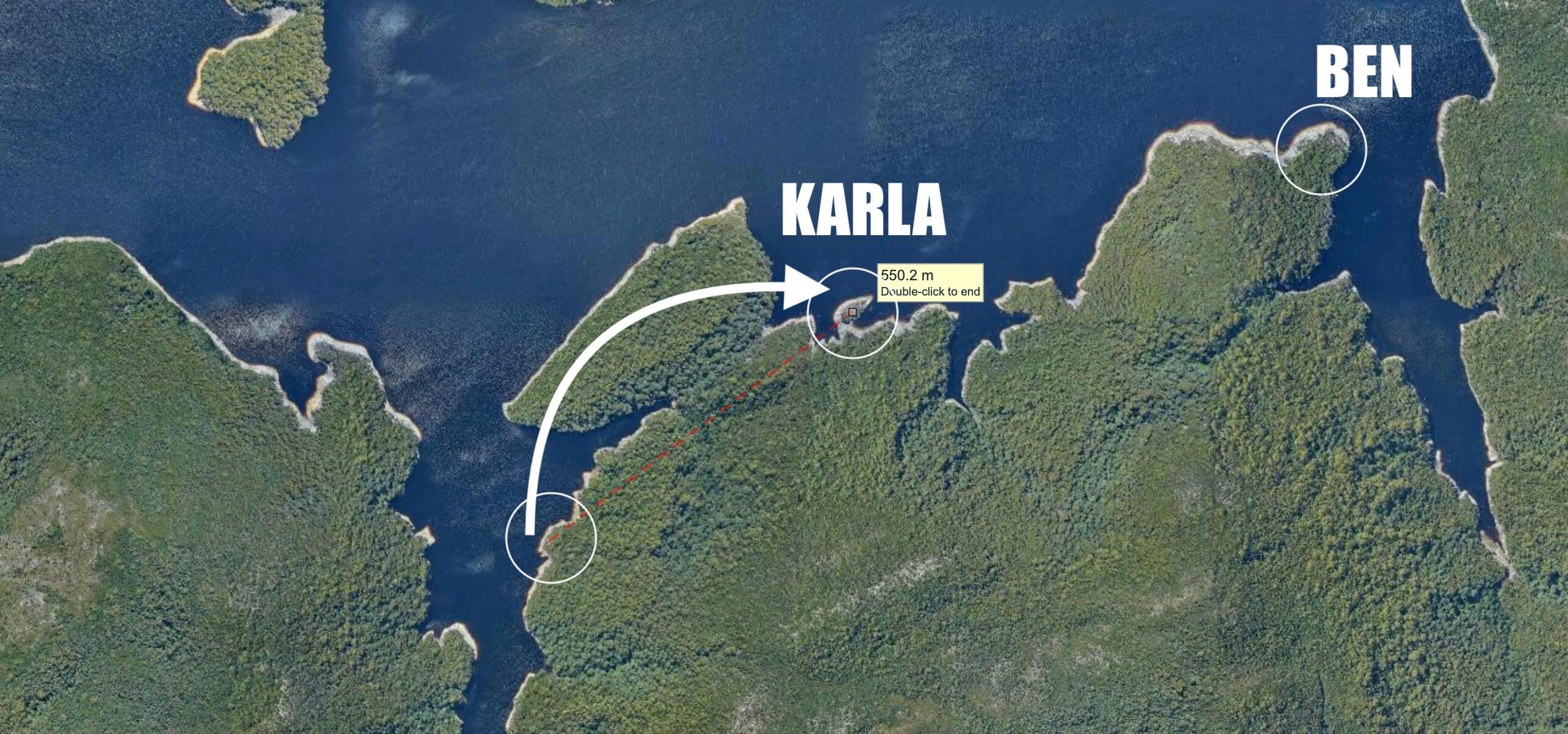 Aerial map showing Karla’s move from drop site to camp near Ben
